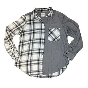 Abercrombie &‎ Fitch Women L Patchwork Flannel Plaid Black White Button Up Shirt